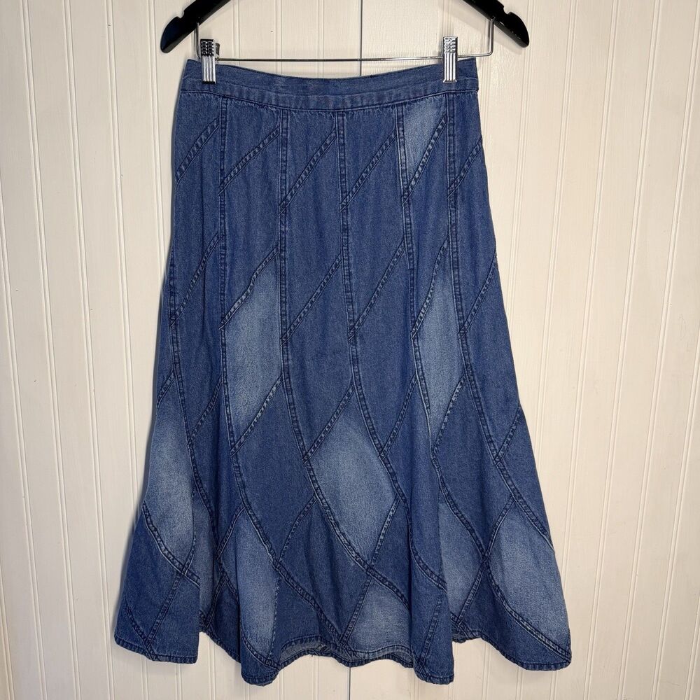 Y2K Denim Midi Jean Skirt Sz S Boho Gypsy Whimsy Studio West Patchwork Pull on